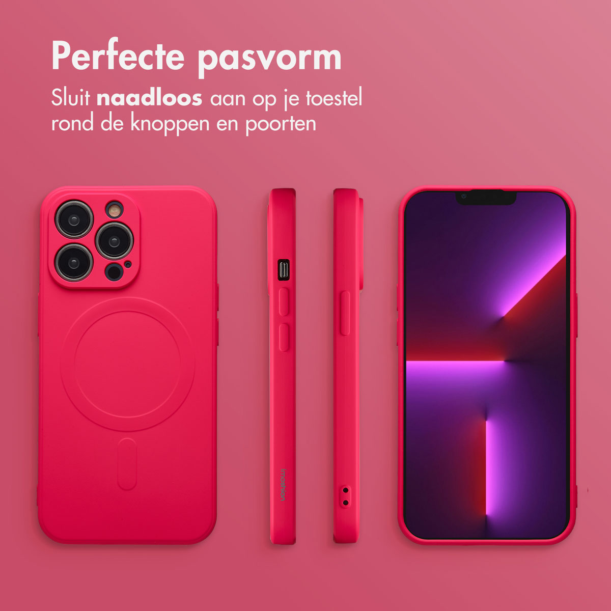Afbeelding toont een roze telefoonhoesje met een iPhone rechts. De Nederlandse tekst zegt 'perfecte pasvorm' en 'past naadloos'.