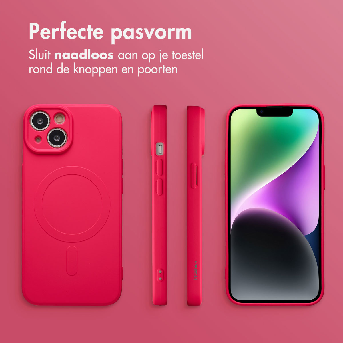 Un étui de téléphone rose est affiché sous trois angles différents. Le téléphone est dans l'étui. L'étui est rouge.