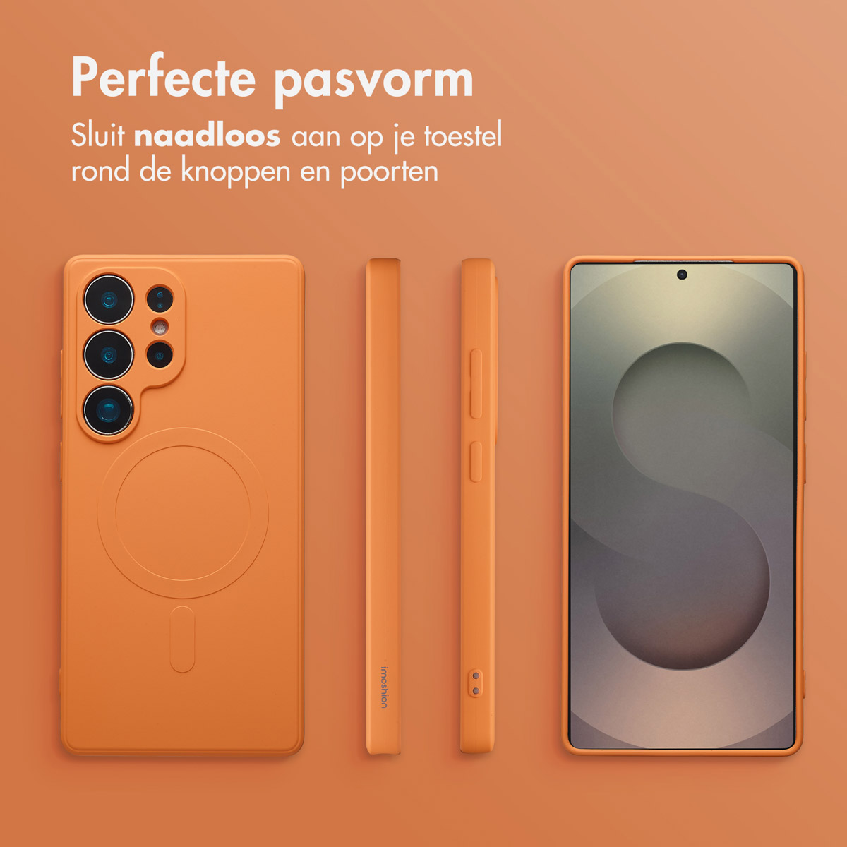 Oranje telefoonhoesjesset met telefoon, voor- en zijaanzichten. Tekst: Perfecte pasvorm, past naadloos om je apparaat.
