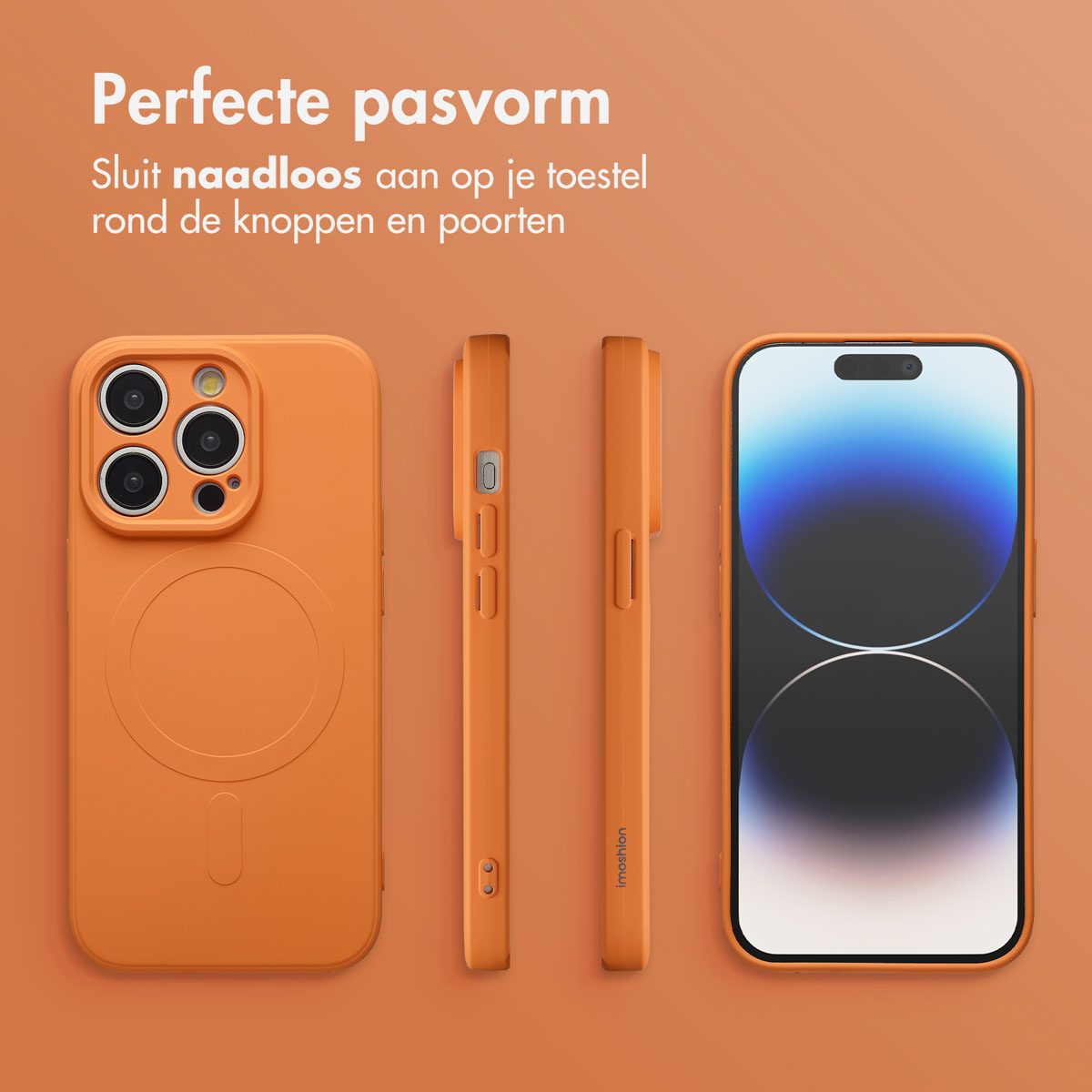 Oranje telefoonhoesjes en een telefoon worden getoond op een oranje achtergrond. De hoesjes omringen een telefoon om de perfecte pasvorm te laten zien.