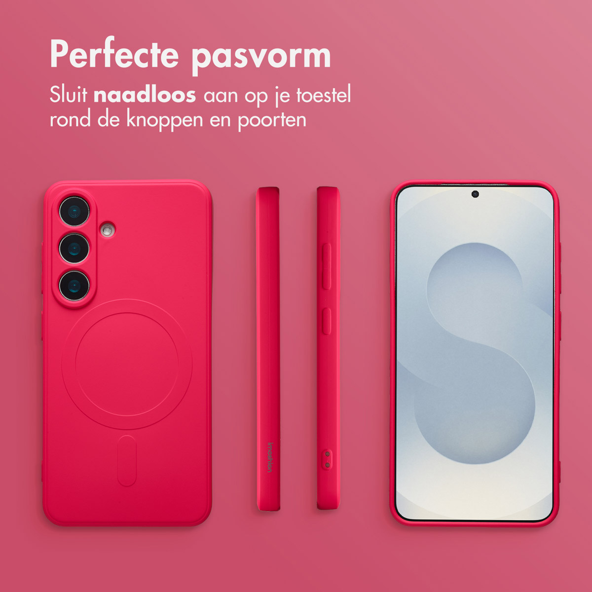 Een roze telefoonhoesje en een telefoon worden weergegeven. De hoes zit links. De telefoon staat rechts. Twee zijaanzichten van een hoesje staan in het midden.