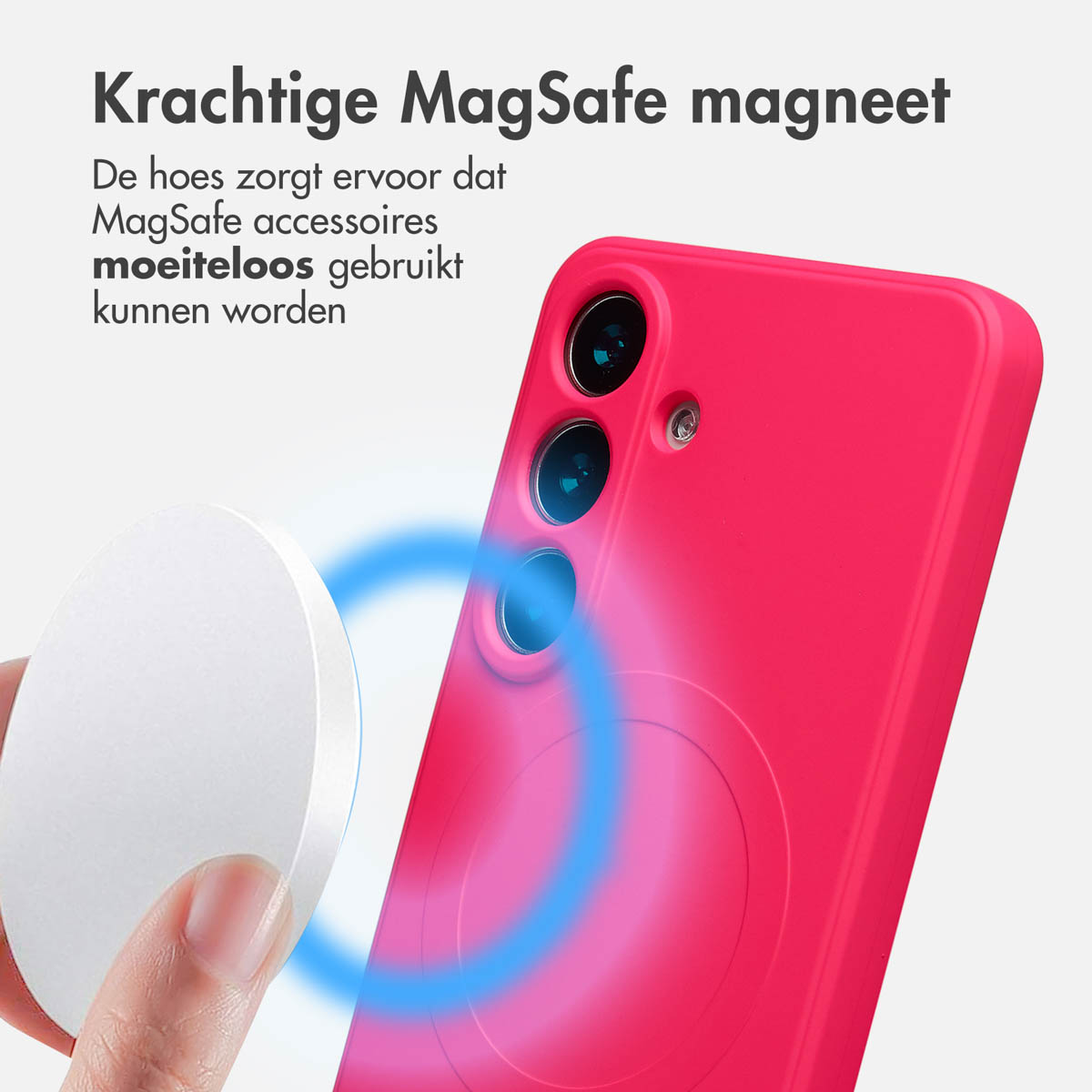 Een hand houdt een witte schijf in de buurt van een rode telefoonhoes. Tekst: 'Krachtige MagSafe magneet'.