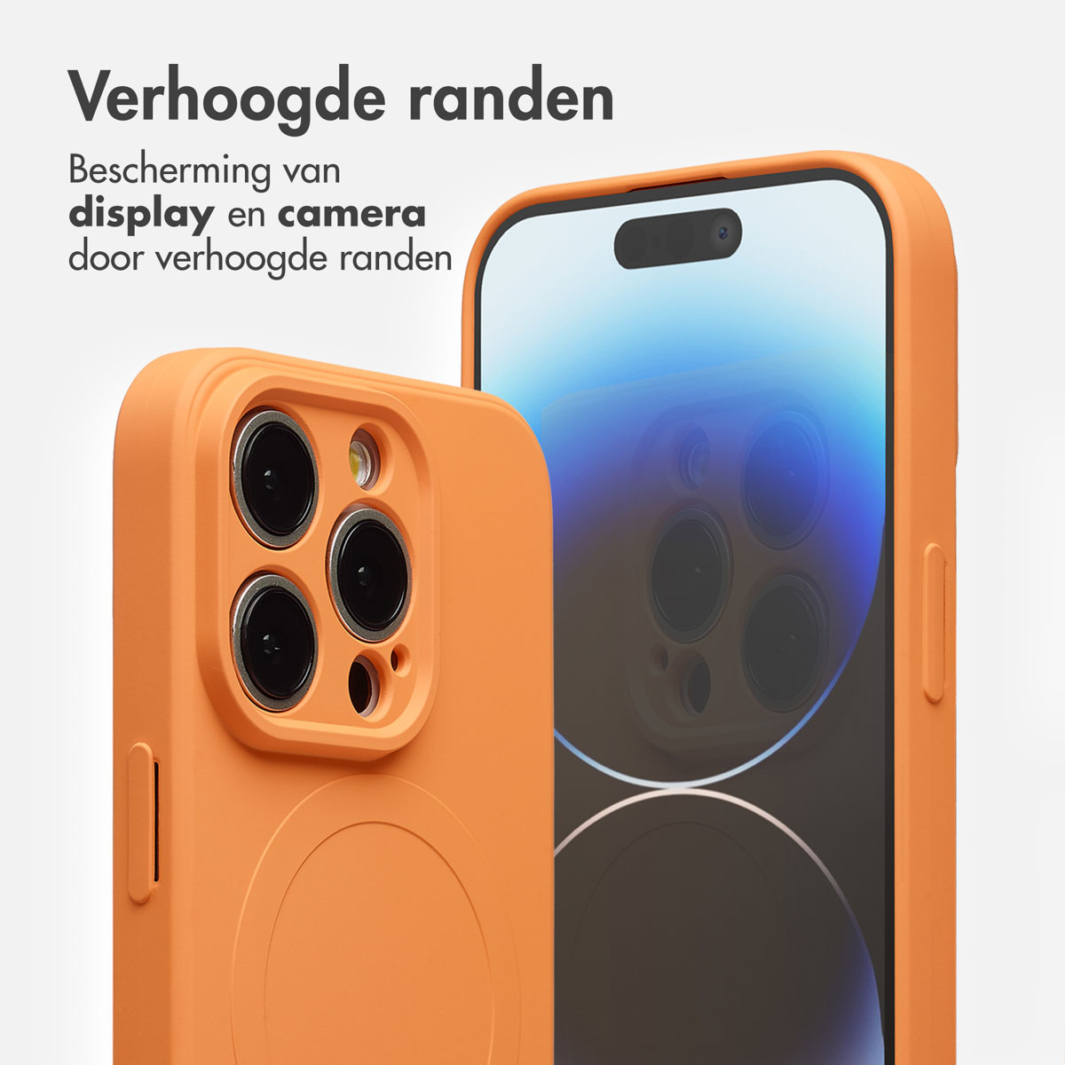Oranje telefoonhoesje beschermt een telefoon. Tekst luidt 'Verhoogde randen'. De hoes beschermt de camera en het scherm.