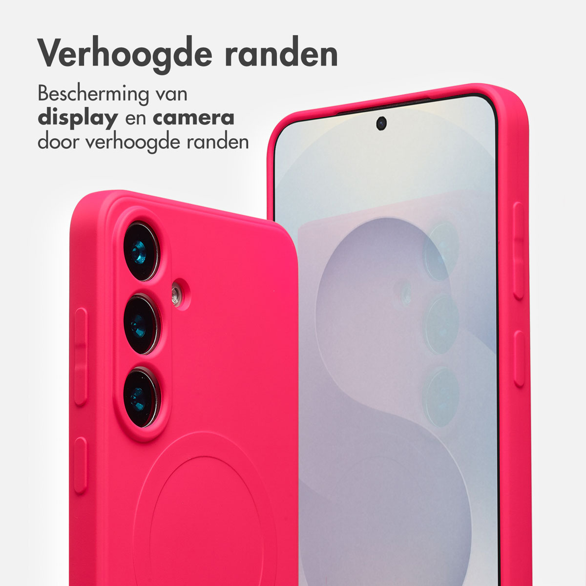 Twee roze telefoonhoesjes met verhoogde randen. Eén toont de camera's, de andere het scherm. Nederlandse tekst benadrukt bescherming.