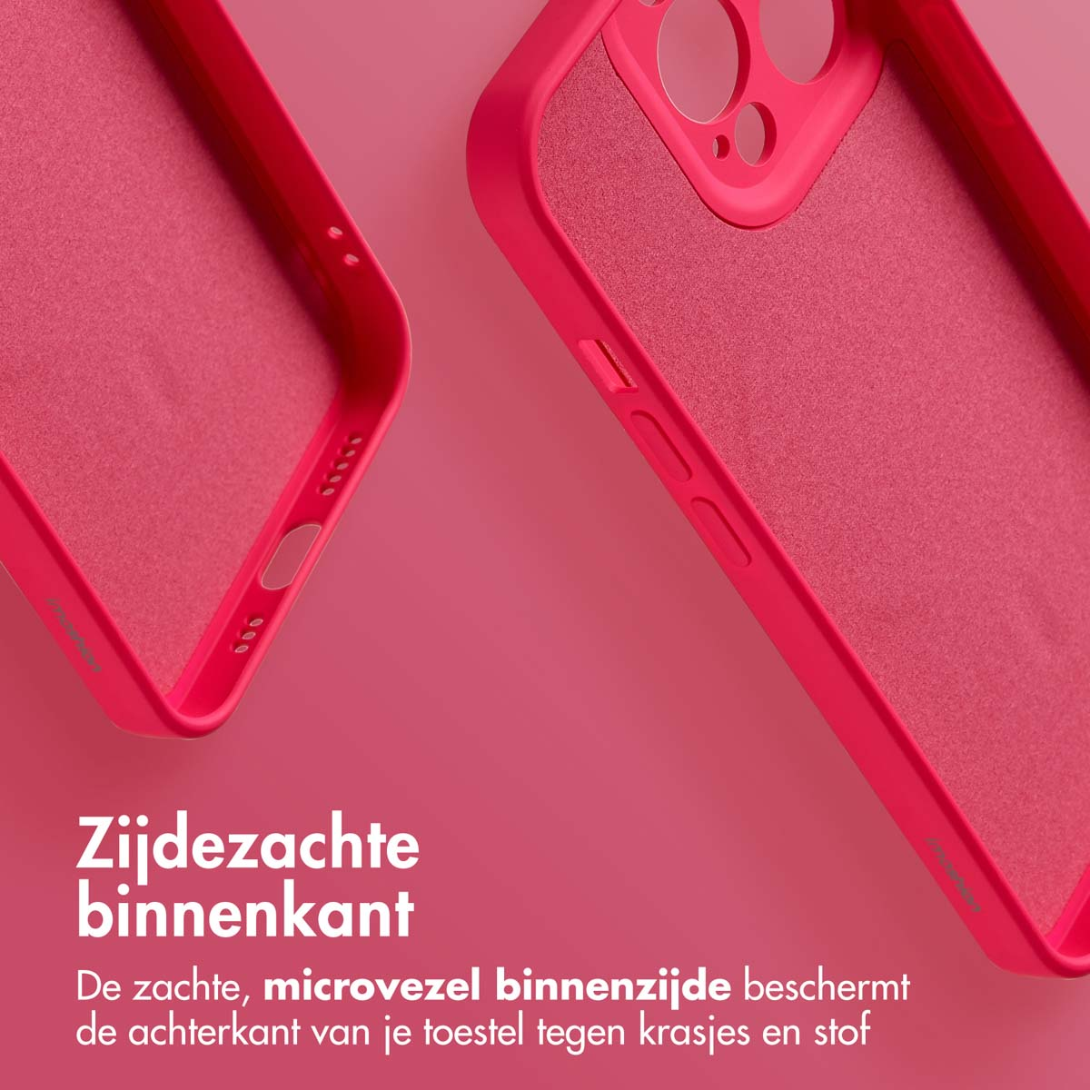 Close-up van twee roze telefoonhoesjes. De binnenkant heeft een zachte microvezeltextuur. De achtergrond is een bijpassende roze gradiënt.