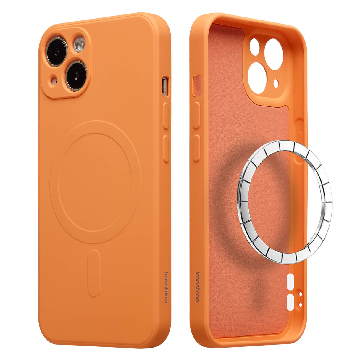 Twee oranje telefoonhoesjes, één gesloten en één open, met een zilveren ring en het 'imoshion' logo. Het open hoesje toont een oranje interieur.