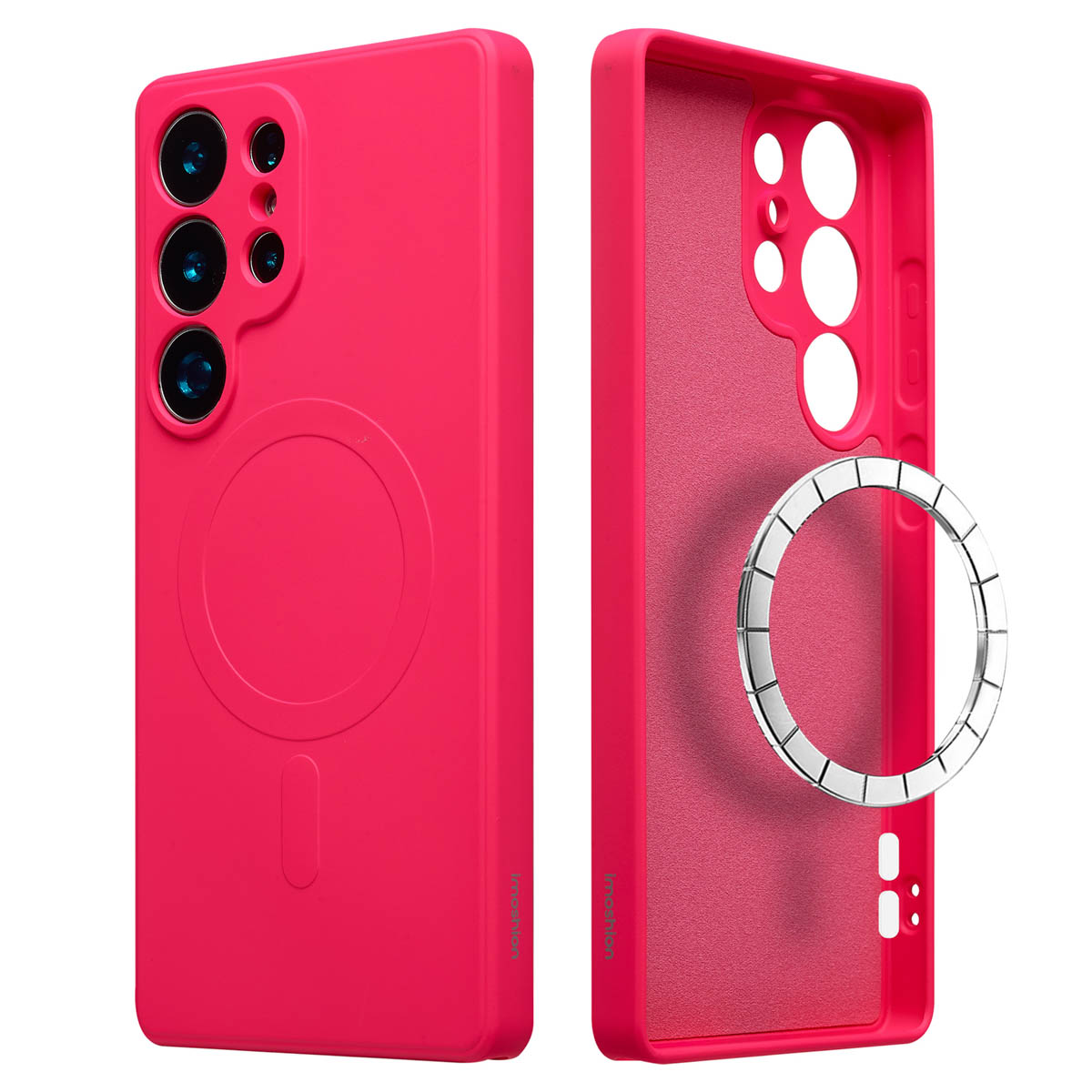 Twee magenta telefoonhoesjes. Eén toont de achterkant met camera-uitsparingen en een cirkel. De andere toont de binnenkant en een zilveren ring.