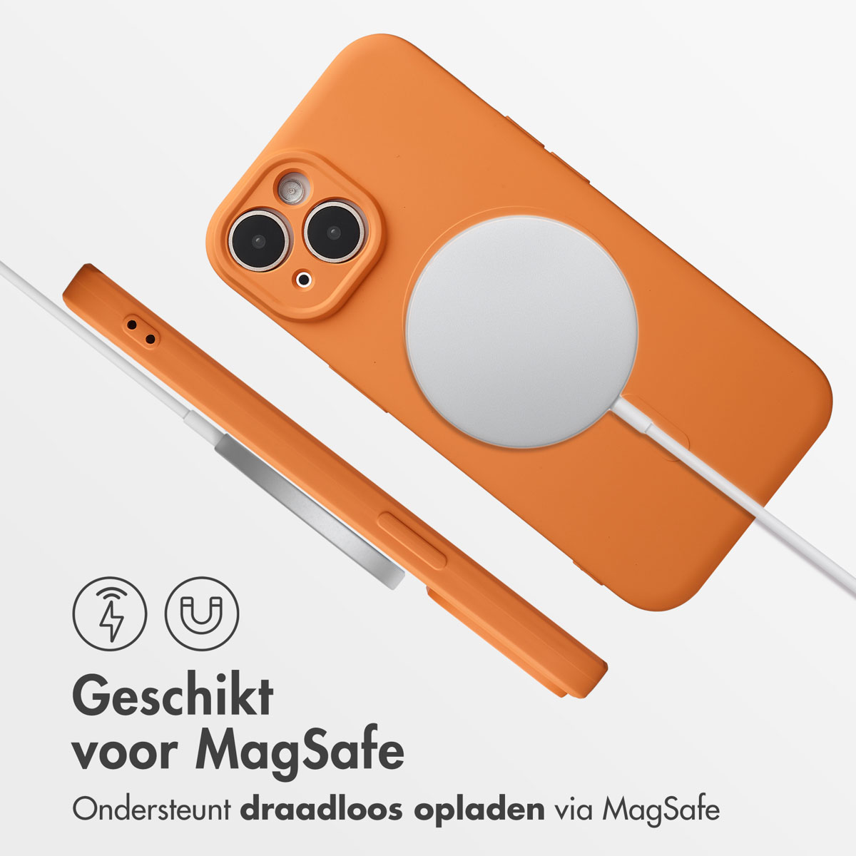 Orange phone case with MagSafe charger. White cable connects the charger to the phone. Text below: Suitable for MagSafe.