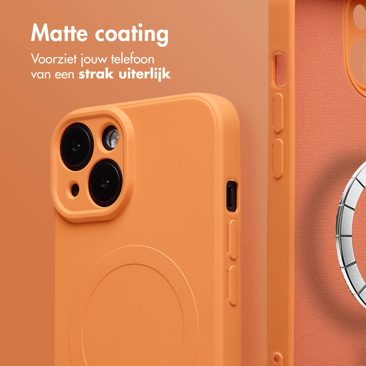 Gros plan sur des coques de téléphone orange. L'une montre des objectifs d'appareil photo, l'autre des boutons latéraux et un anneau MagSafe. Texte : Revêtement mat.