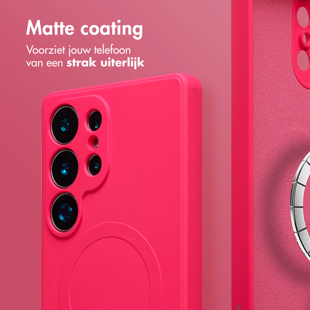 Roze telefoonhoesje met matte coating. Een telefoon en een telefoongreep zijn zichtbaar. De achtergrond is roze en de tekst luidt 'Matte coating'.