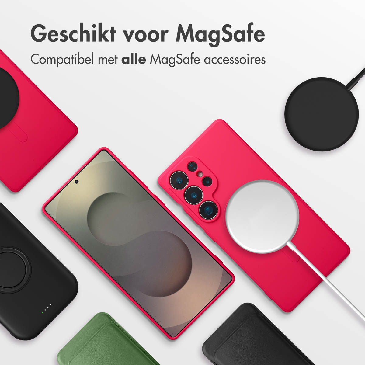 Afbeelding toont verschillende MagSafe-accessoires en een telefoon met een roze hoesje. Bovenin staat 'Geschikt voor MagSafe'.