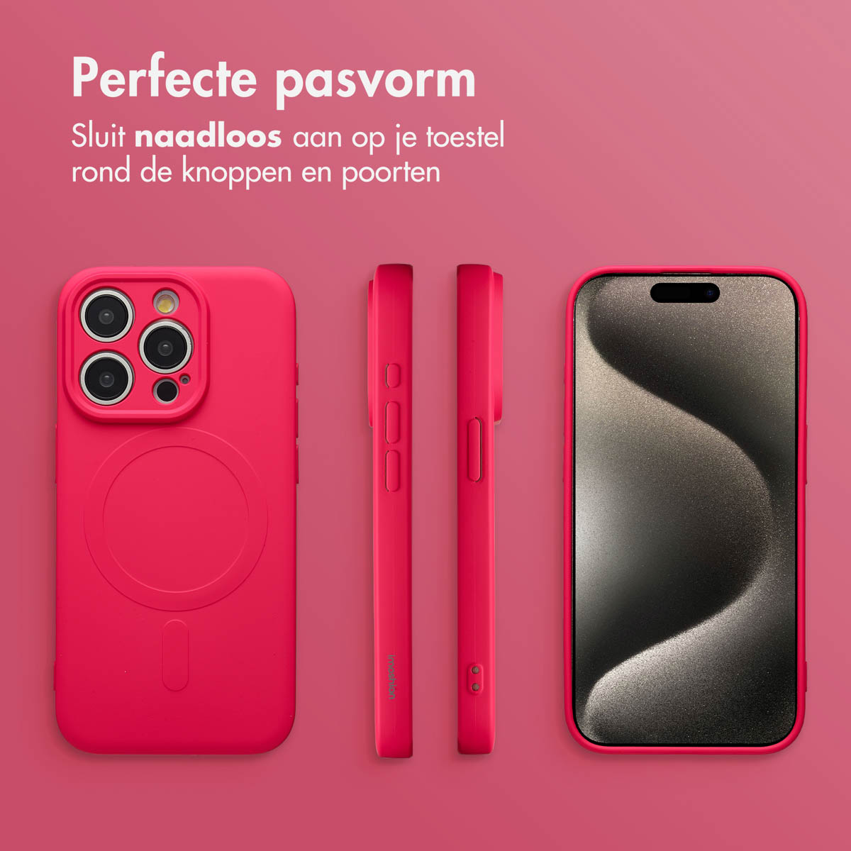 Een roze telefoonhoesjesset, met een telefoon erin, een hoesje en twee zijaanzichten. De tekst bovenaan zegt 'Perfecte pasvorm'.
