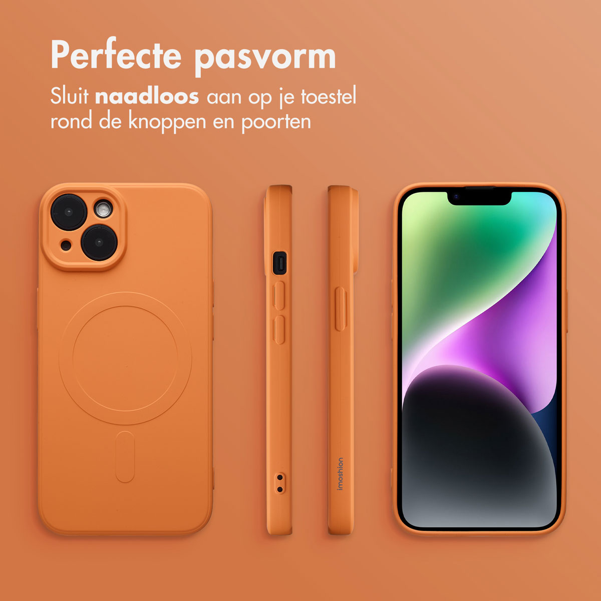 Coque de téléphone et téléphone orange avec écran coloré, ainsi que deux vues latérales de la coque, sur fond orange.