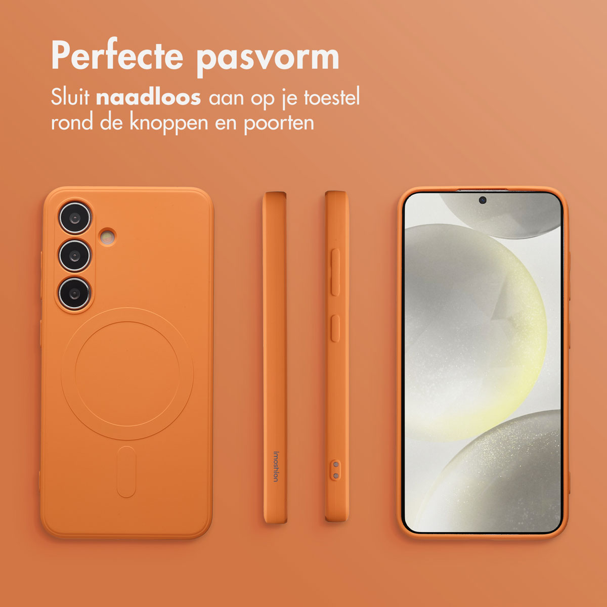 Een oranje telefoonhoesje, twee zijstukken en een telefoon worden weergegeven tegen een oranje achtergrond. Tekst bovenaan zegt: "Perfecte pasvorm".