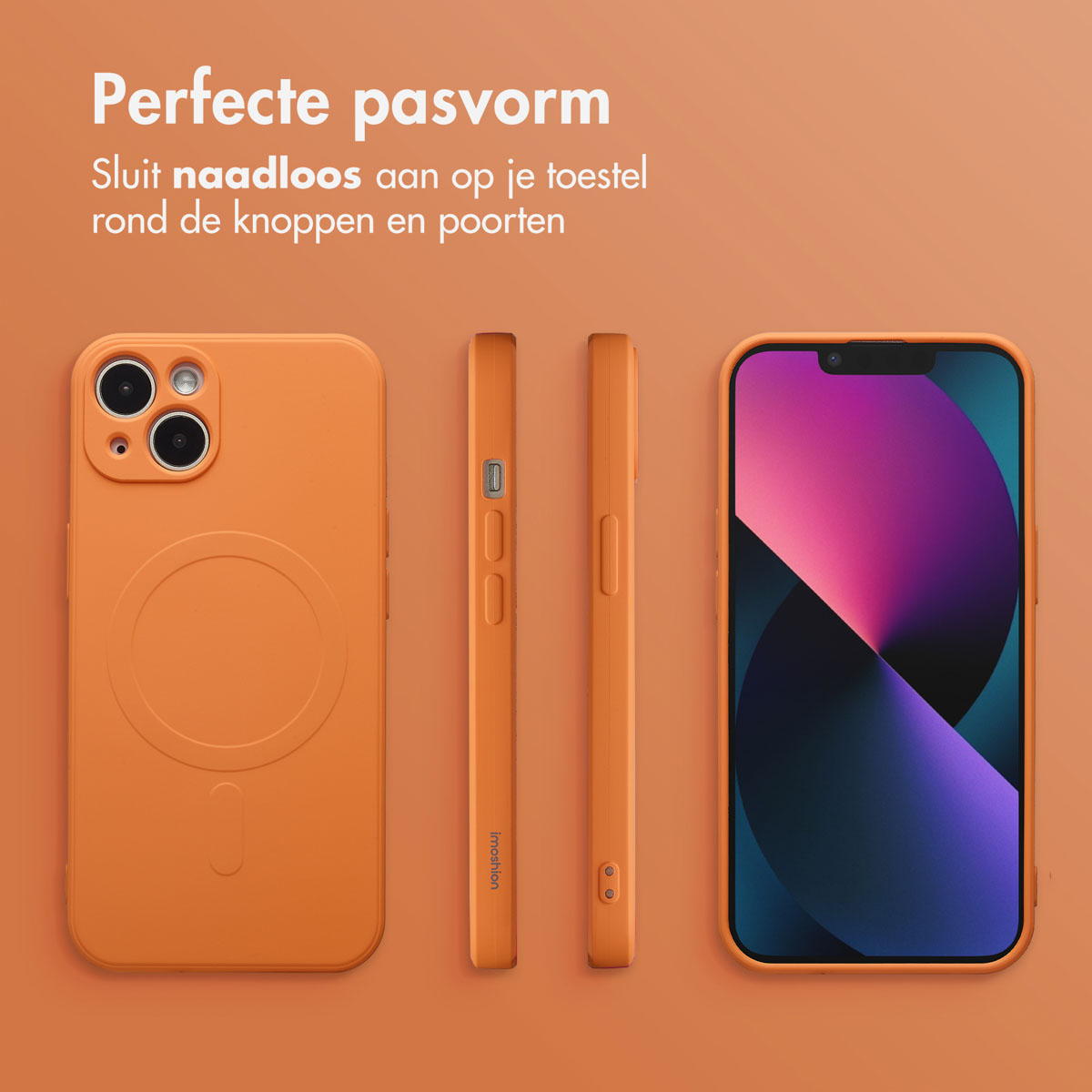 Oranje telefoonhoesje en telefoon. De telefoon zit in de hoes. De hoes en de achtergrond zijn oranje.