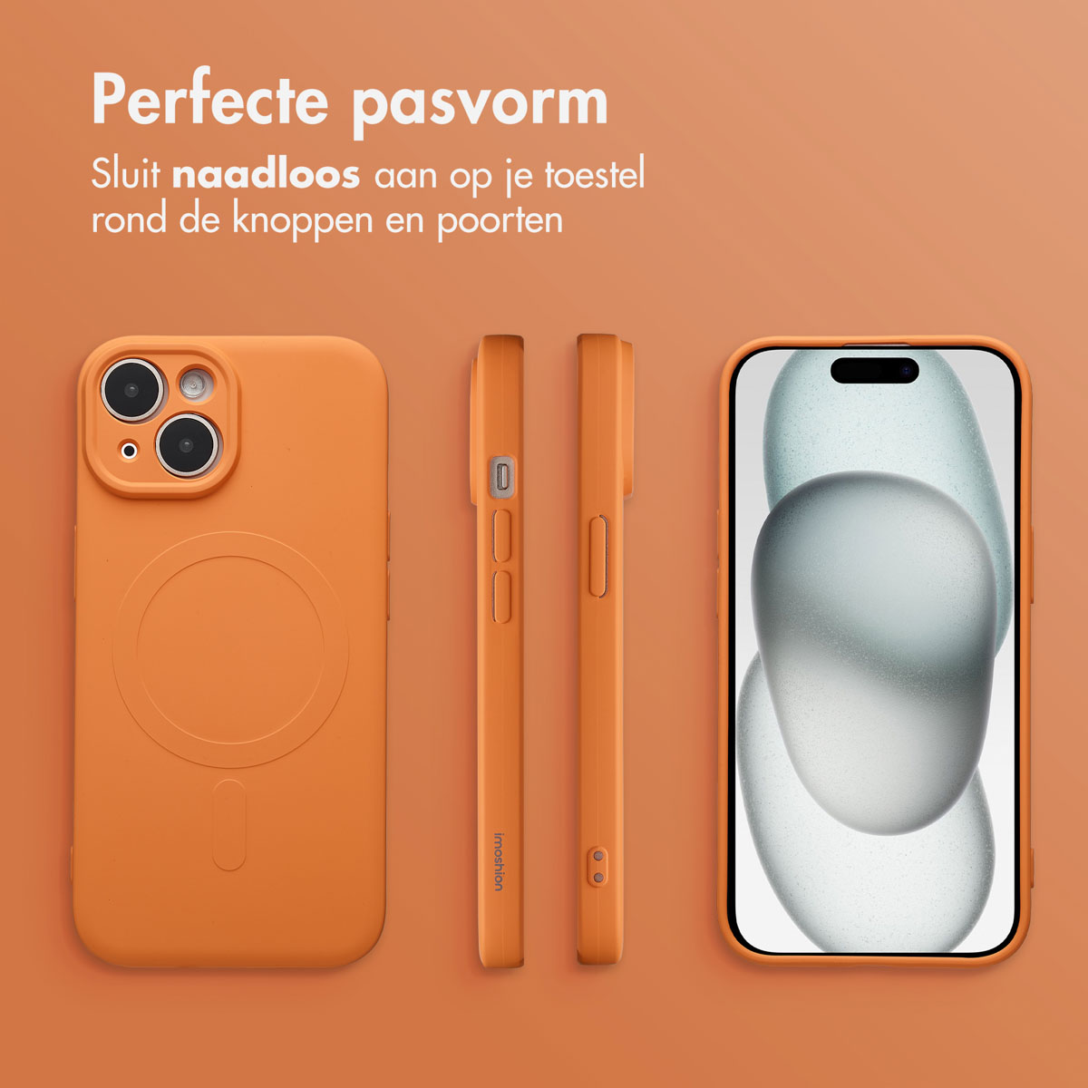 Orange phone cases displayed. One case shows a phone screen, the others are side and back views. Text says: perfect fit.