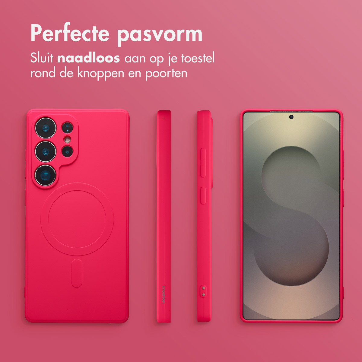 Roze telefoonhoesjes set. Bevat een telefoonhoesje, twee zijstukken en een telefoon met grijs scherm, alles op een roze achtergrond.