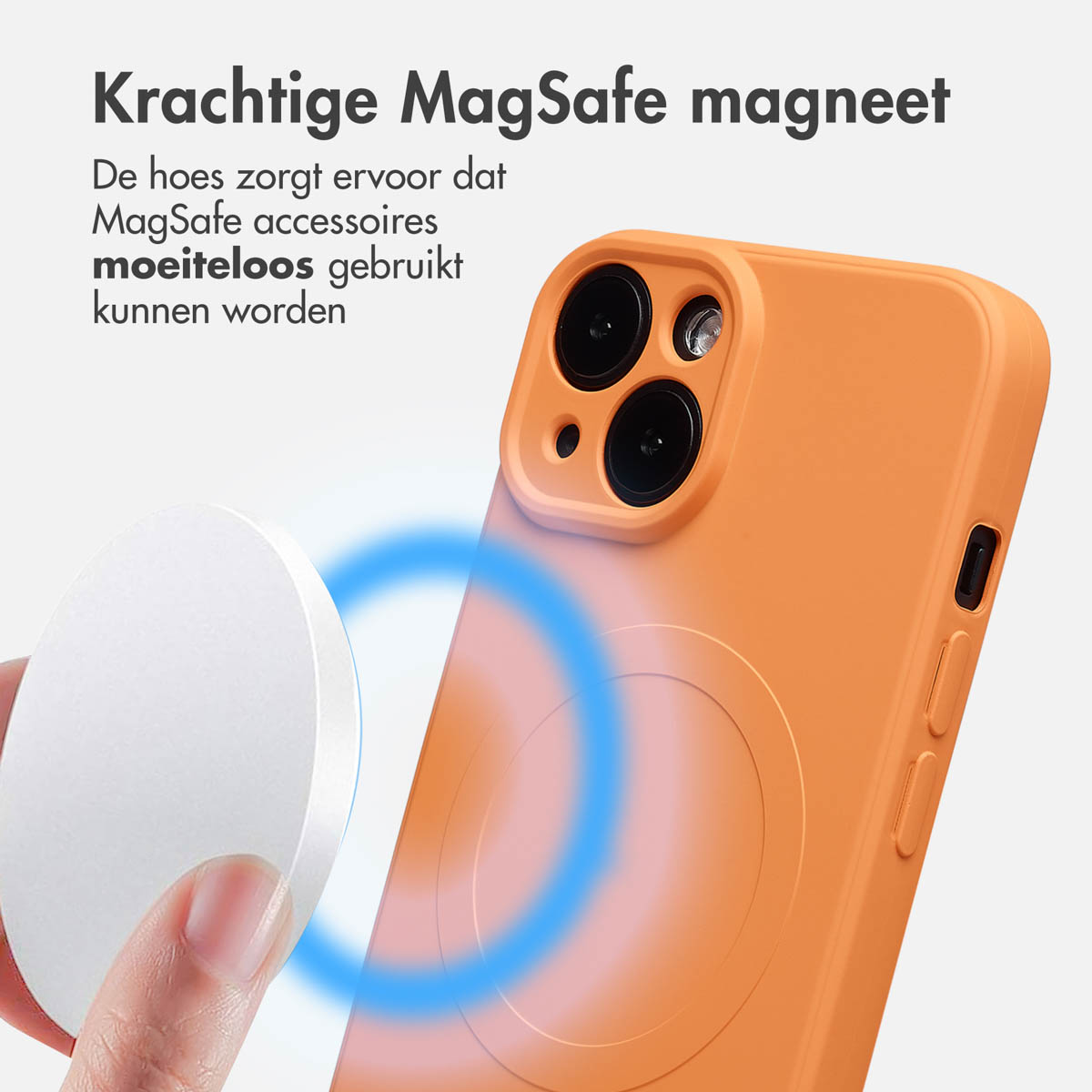 Coque de téléphone orange avec un chargeur MagSafe blanc. Une main tient le chargeur. Des arcs bleus montrent la connexion magnétique.