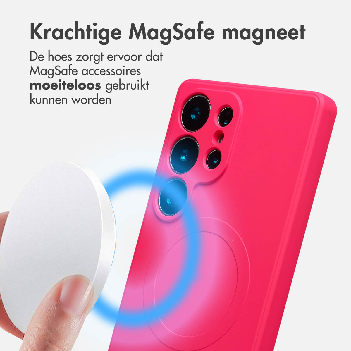 Een hand houdt een witte MagSafe-accessoire vast bij een roze telefoon met hoesje. Tekst: 'Krachtige MagSafe magneet'.