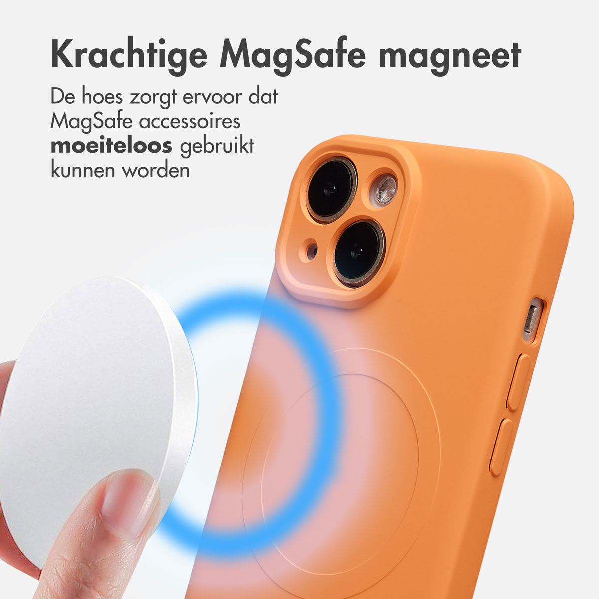 An orange phone case with a white magnetic accessory. Blue magnetic field lines highlight the connection. Text in Dutch.