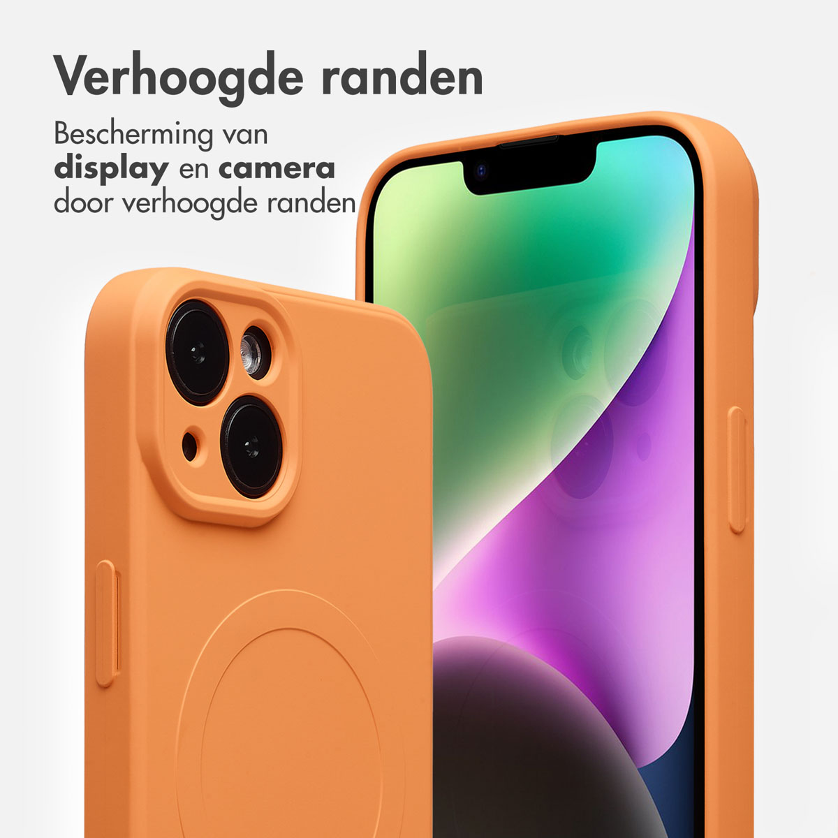 Deux coques de téléphone orange présentent des bords surélevés pour protéger l'écran et l'appareil photo. L'une montre l'écran.
