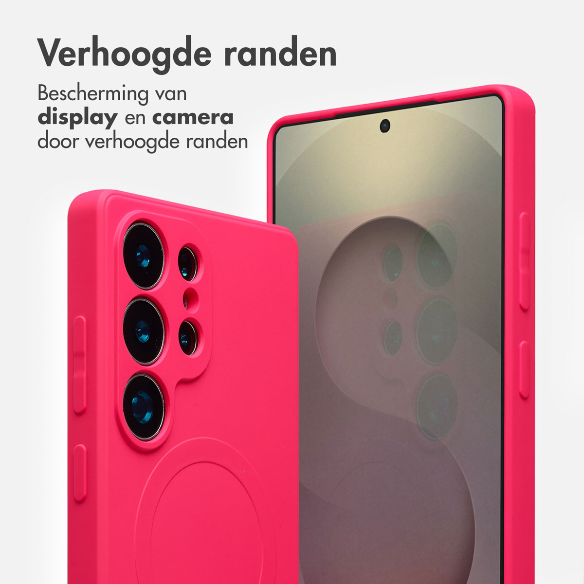 Twee roze telefoonhoesjes met verhoogde randen; één bedekt een telefoon, de andere ligt ernaast. Nederlandse tekst legt bescherming uit.
