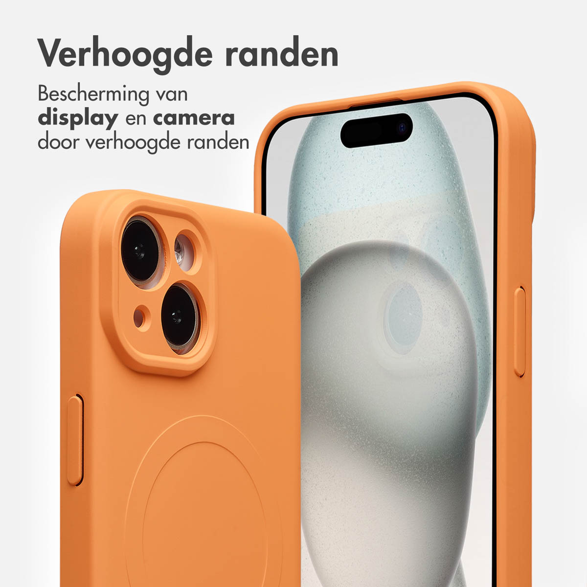 Orange phone cases protect a phone. One case shows the camera and another shows the screen. Text in Dutch says 'raised edges'.