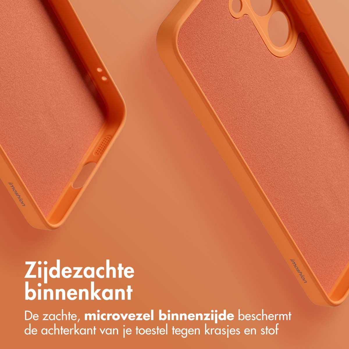 Oranje telefoonhoes secties met een zacht interieur op een oranje achtergrond. Tekst zegt 'Zacht interieur'.