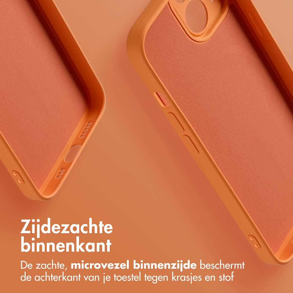 Intérieur et extérieur de l'étui de téléphone orange. L'intérieur est un matériau orange texturé. Le fond est un dégradé orange.