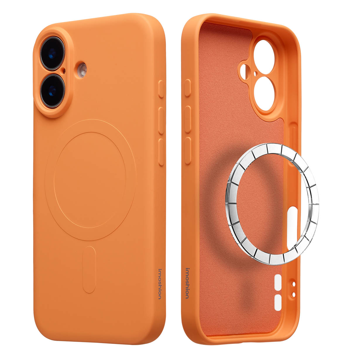 Deux étuis de téléphone orange, un fermé et un ouvert. L'étui ouvert montre l'intérieur avec un anneau argenté.