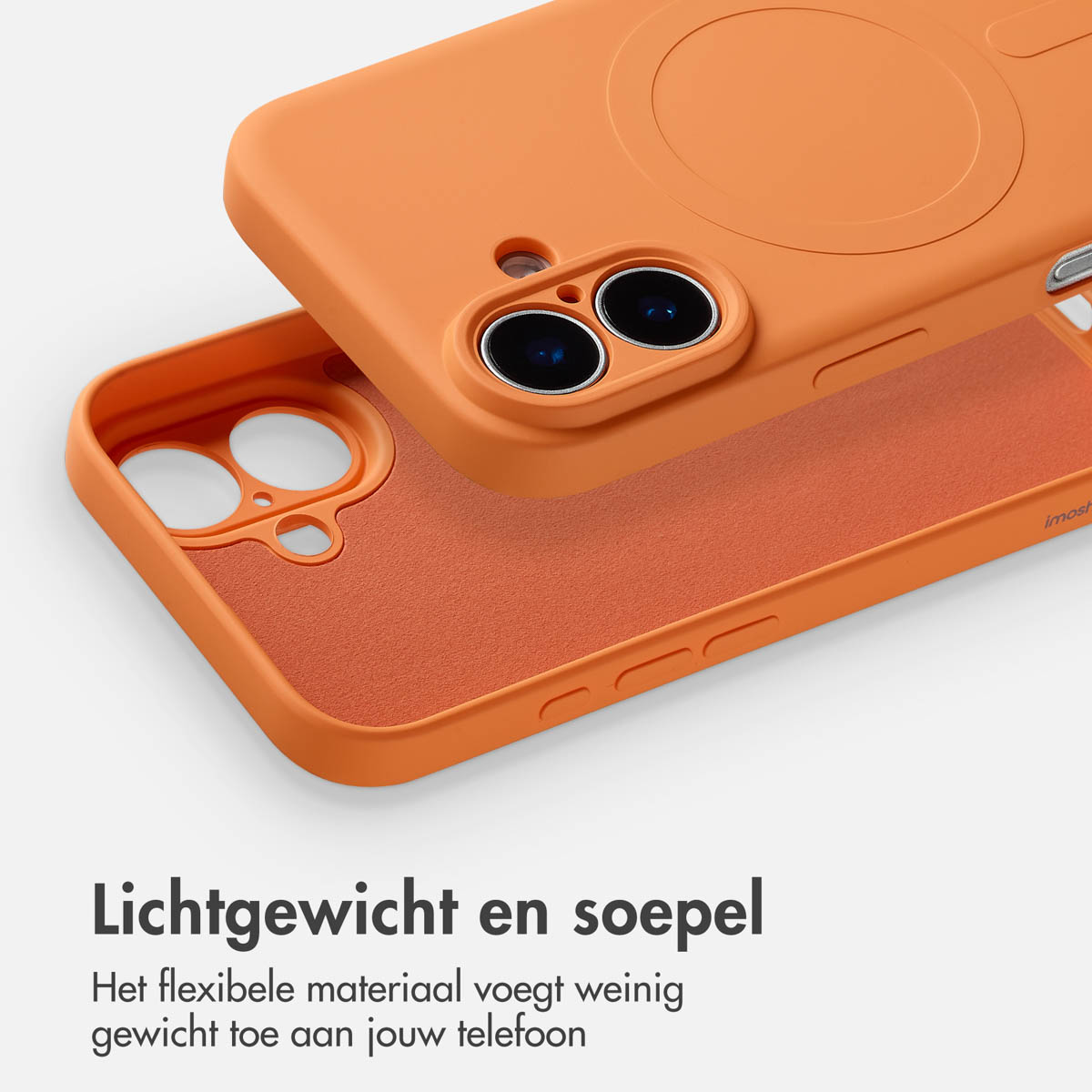 Coque de téléphone orange avec une texture intérieure assortie. Deux découpes de caméra sont visibles. La coque est légèrement ouverte.