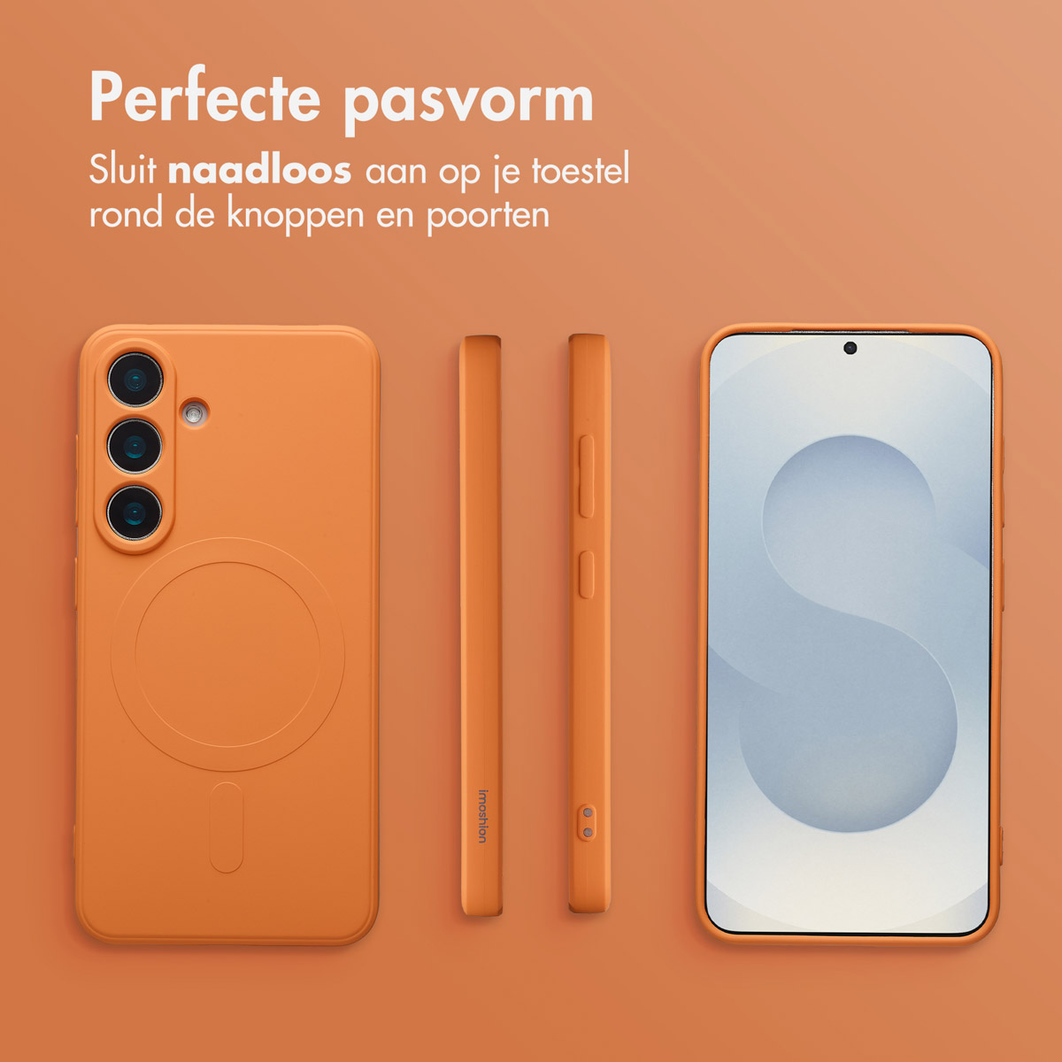 Custodia e telefono arancioni. La custodia è in tre parti: retro, lato e telefono con schermo. Anche lo sfondo è arancione.