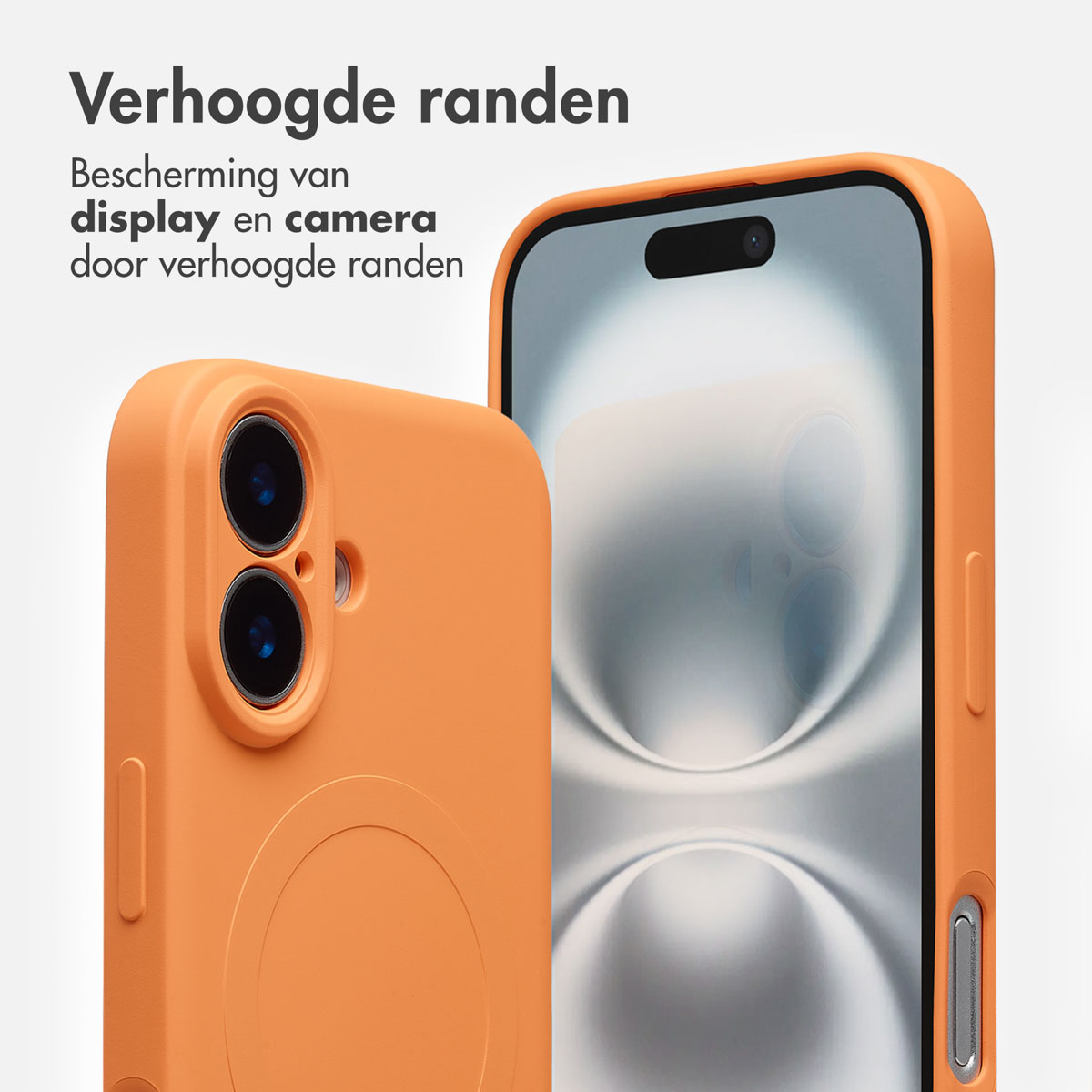 Deux coques de téléphone oranges, une montrant les lentilles de l'appareil photo, l'autre l'écran. Texte : « Bords surélevés » et « Protection de l'écran et de la caméra ».