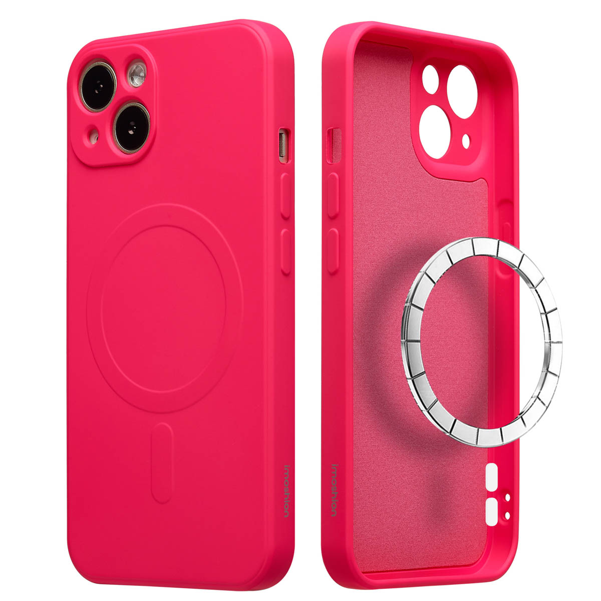 Twee roze telefoonhoesjes, één gesloten, één open, die de binnenkant laten zien. Een zilveren ringhouder staat naast het open hoesje.