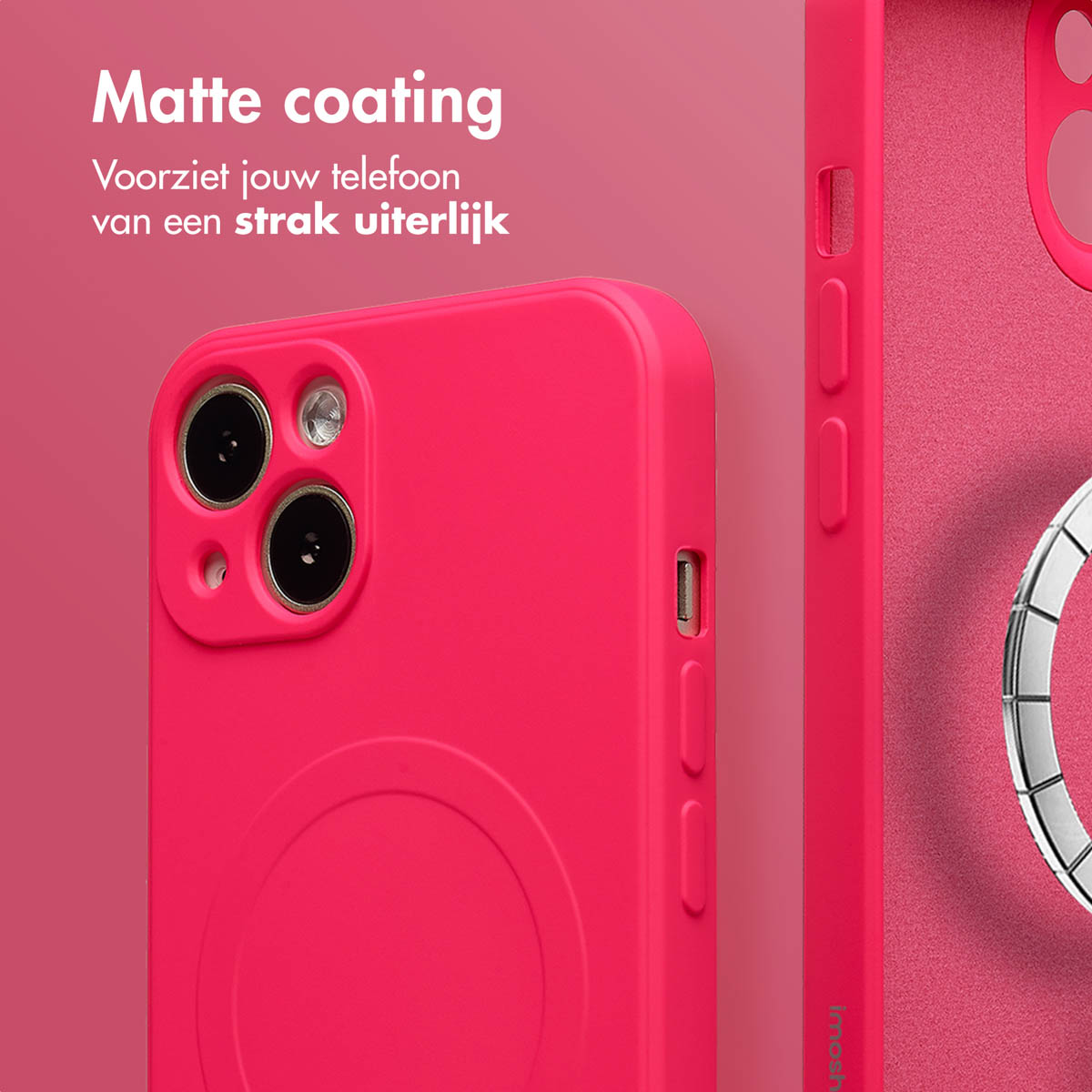 A close-up shot of a pink phone case. It has a matte coating, with a phone camera, buttons, and a silver ring.