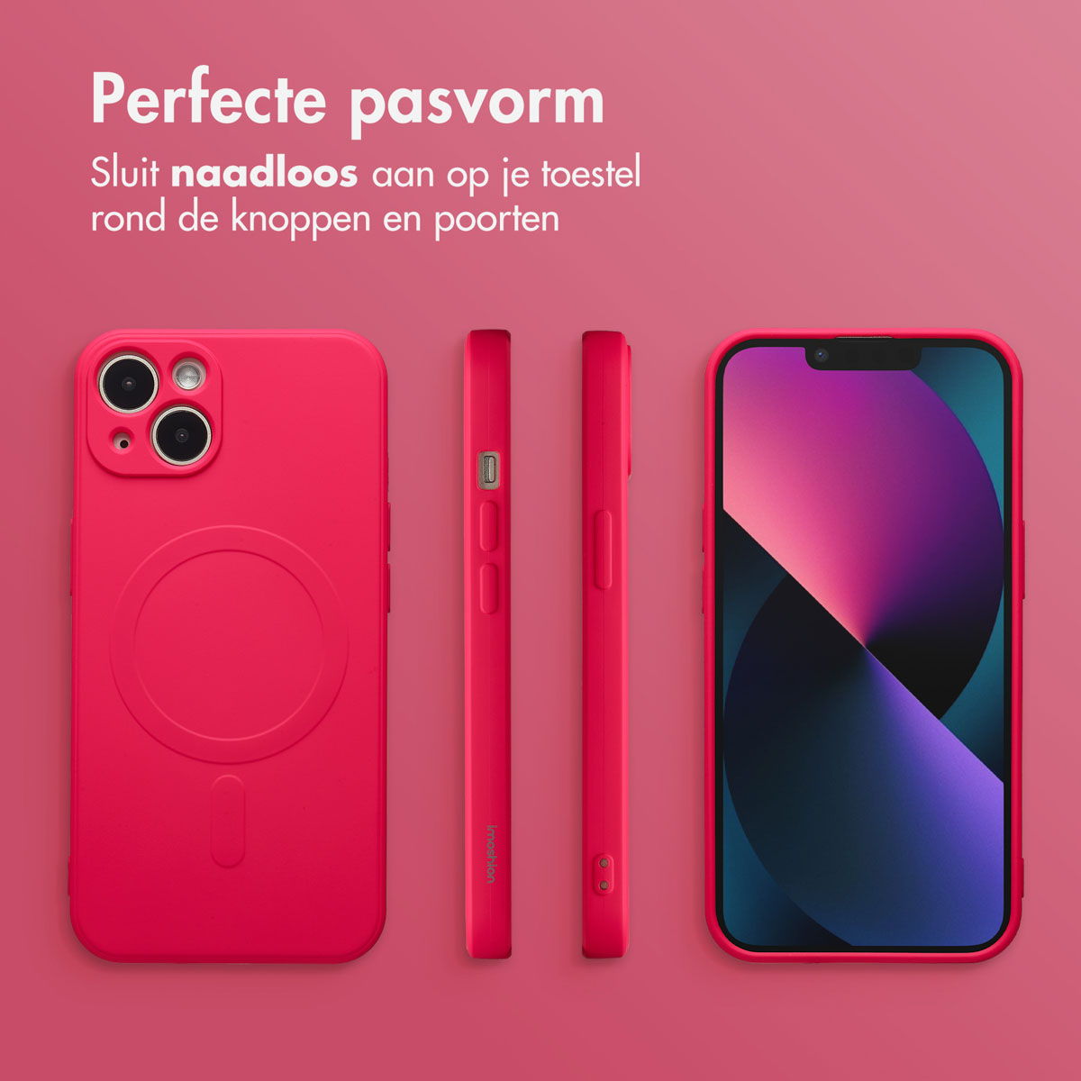 Roze telefoonhoesjesset. Bevat een hoesje, twee zijaanzichten en een iPhone met een kleurrijk scherm. Tekst: Perfecte pasvorm.