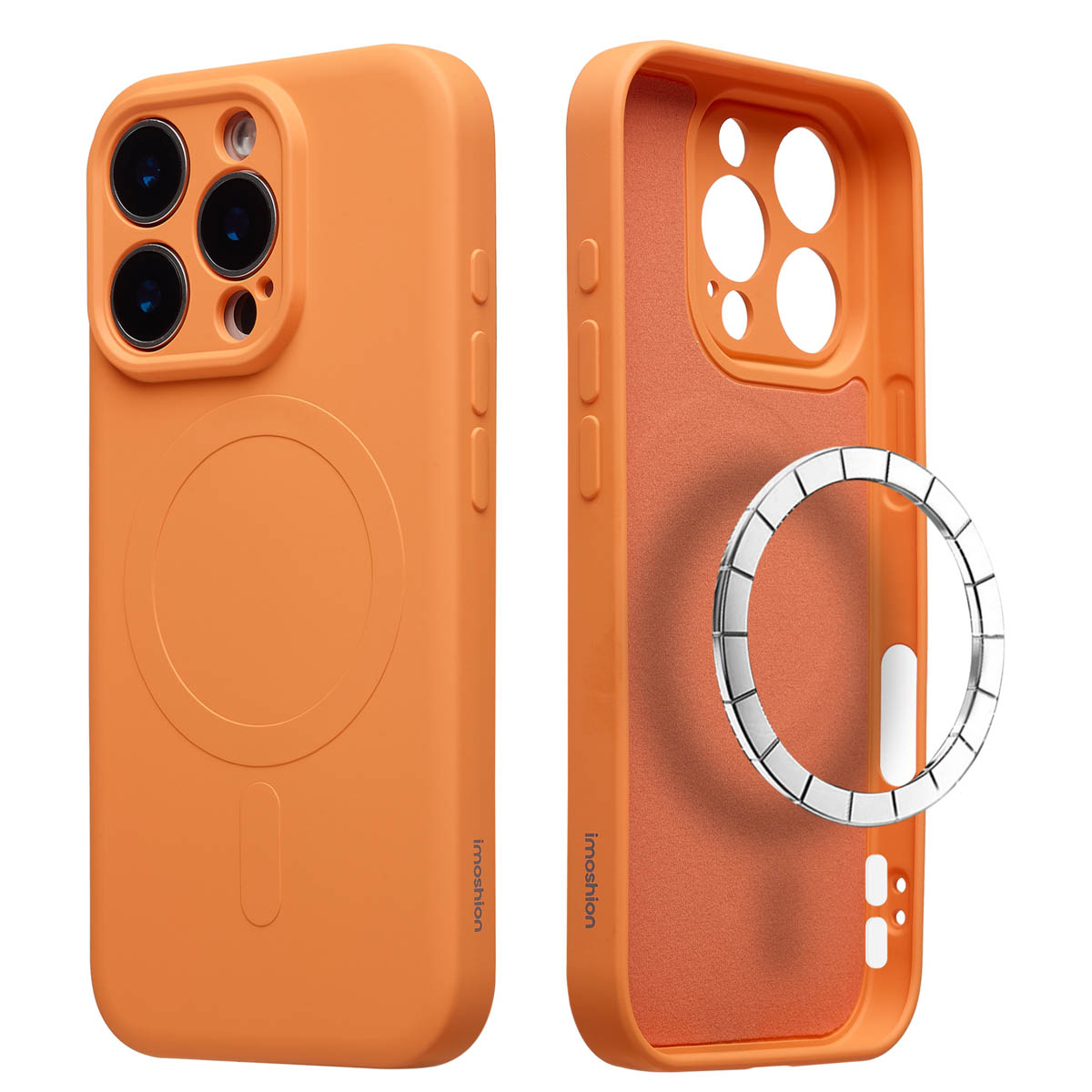 Oranje telefoonhoesje, twee aanzichten: voorkant met camera-uitsparingen en achterkant, en open binnenkant met magnetische ring.