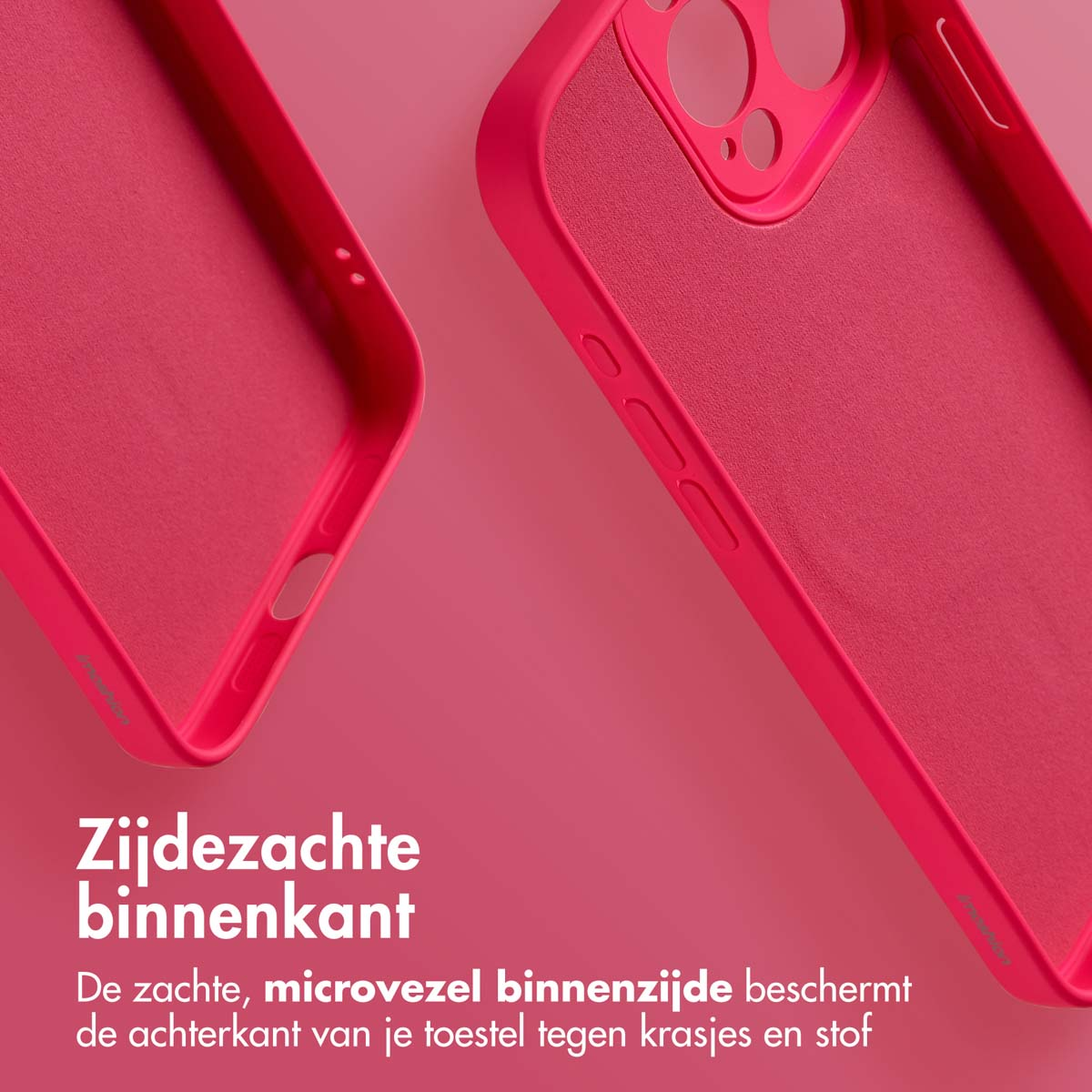 Deux coques de téléphone roses. Une partiellement visible, montrant l'intérieur et le bord. L'arrière-plan est rose clair.