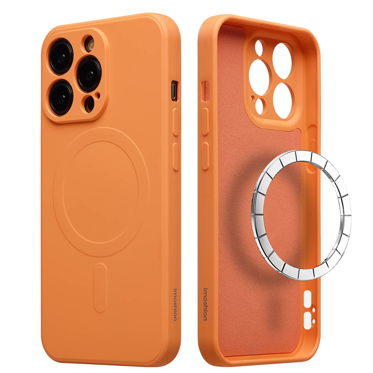 Twee oranje telefoonhoesjes naast elkaar. Eén toont de buitenkant met cameralenzen, de ander onthult de binnenkant met een magnetische ring.