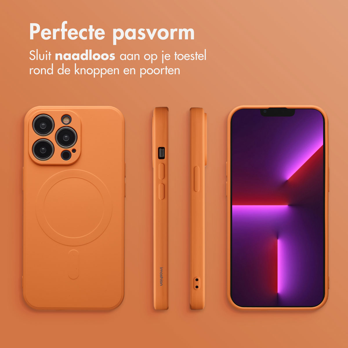 Een oranje telefoonhoesje naast een telefoon met een paarse en rode gradiënt. De telefoonhoes wordt vanuit verschillende hoeken getoond.