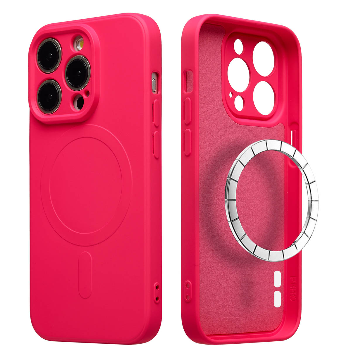 Twee magenta iPhone-hoesjes. Eén gemonteerd, met cameralenzen en knoppen. De andere gedemonteerd, met de binnenkant en een zilveren ring.