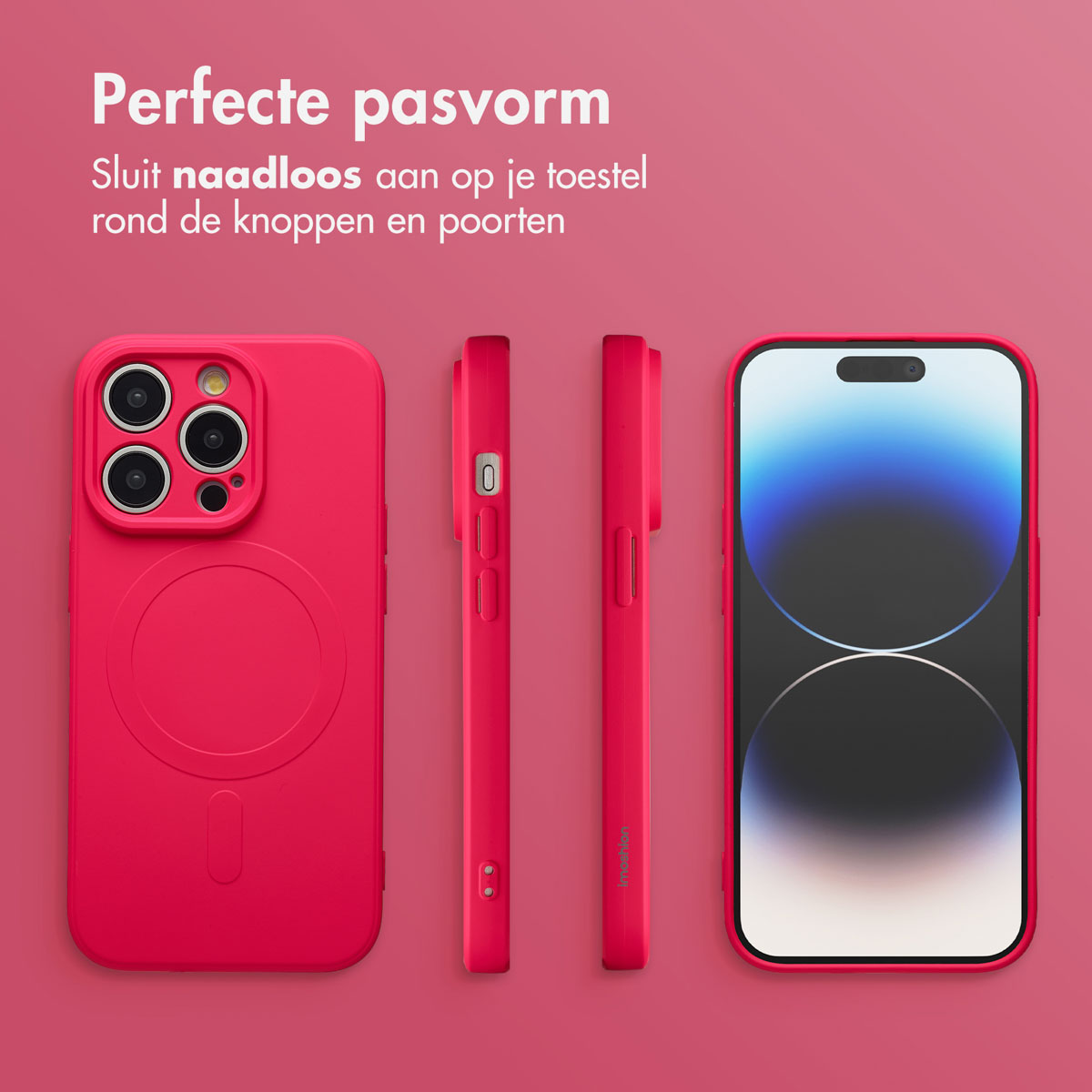 Afbeelding toont een roze telefoonhoesje en een telefoonscherm. Tekst bovenaan zegt "Perfecte pasvorm". Andere tekst beschrijft het product.