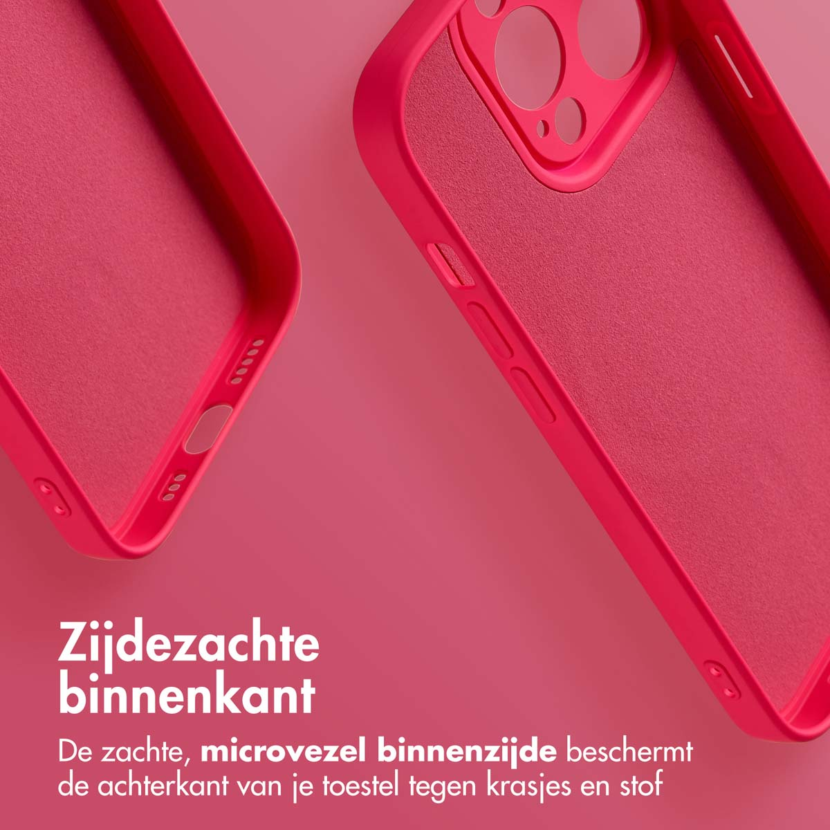 Close-up van twee roze telefoonhoesjes. Zachte microvezel binnenkant beschermt tegen krassen en stof. Roze achtergrond.