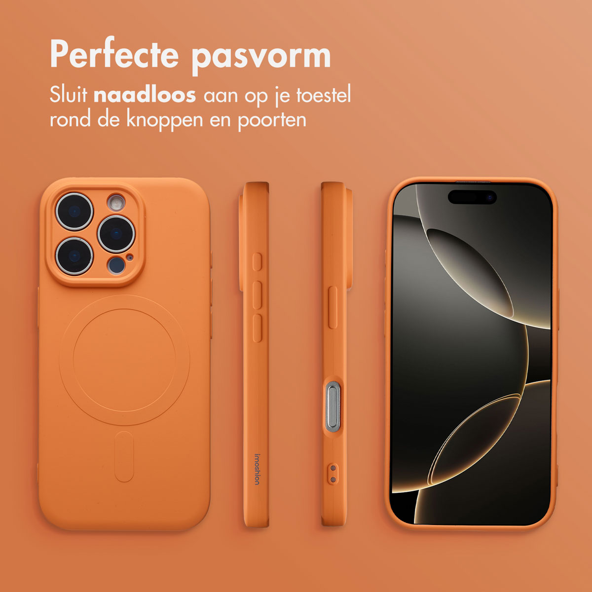 Oranje telefoonhoesje en telefoon. De hoes wordt vanuit verschillende hoeken getoond. Tekst in het Nederlands: Perfecte pasvorm. De achtergrond is oranje.
