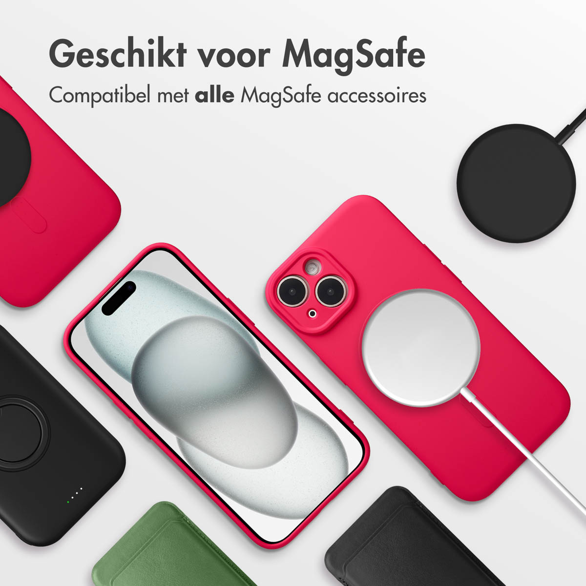 Image features several MagSafe accessories, including a phone, chargers, and cases, all in various colors like red, black, and green.