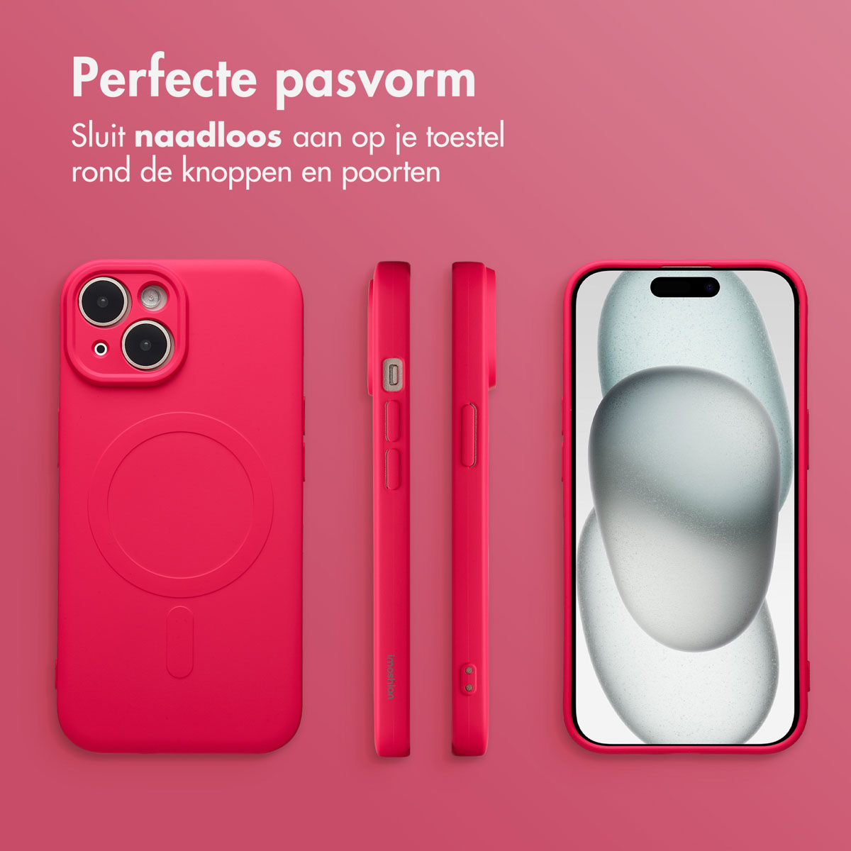Three pink phone cases and a phone with a screen are on a pink background. Text says 'Perfect fit'.