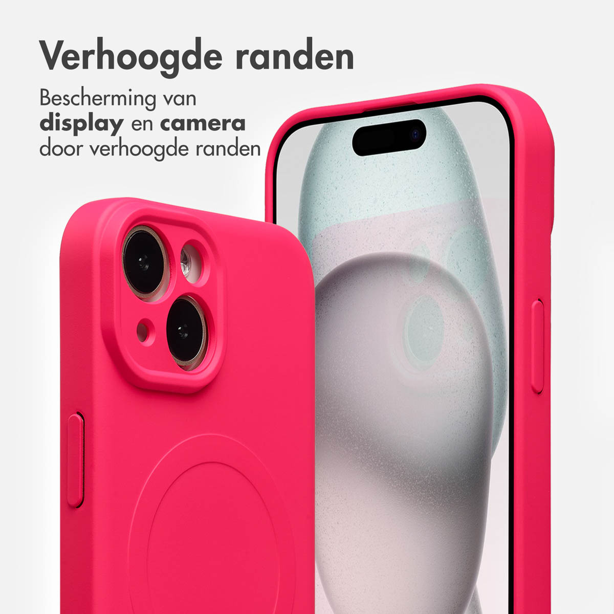 Two pink phone cases, one with a camera cutout, the other with the phone screen visible. Text: Verhoogde randen, display en camera.