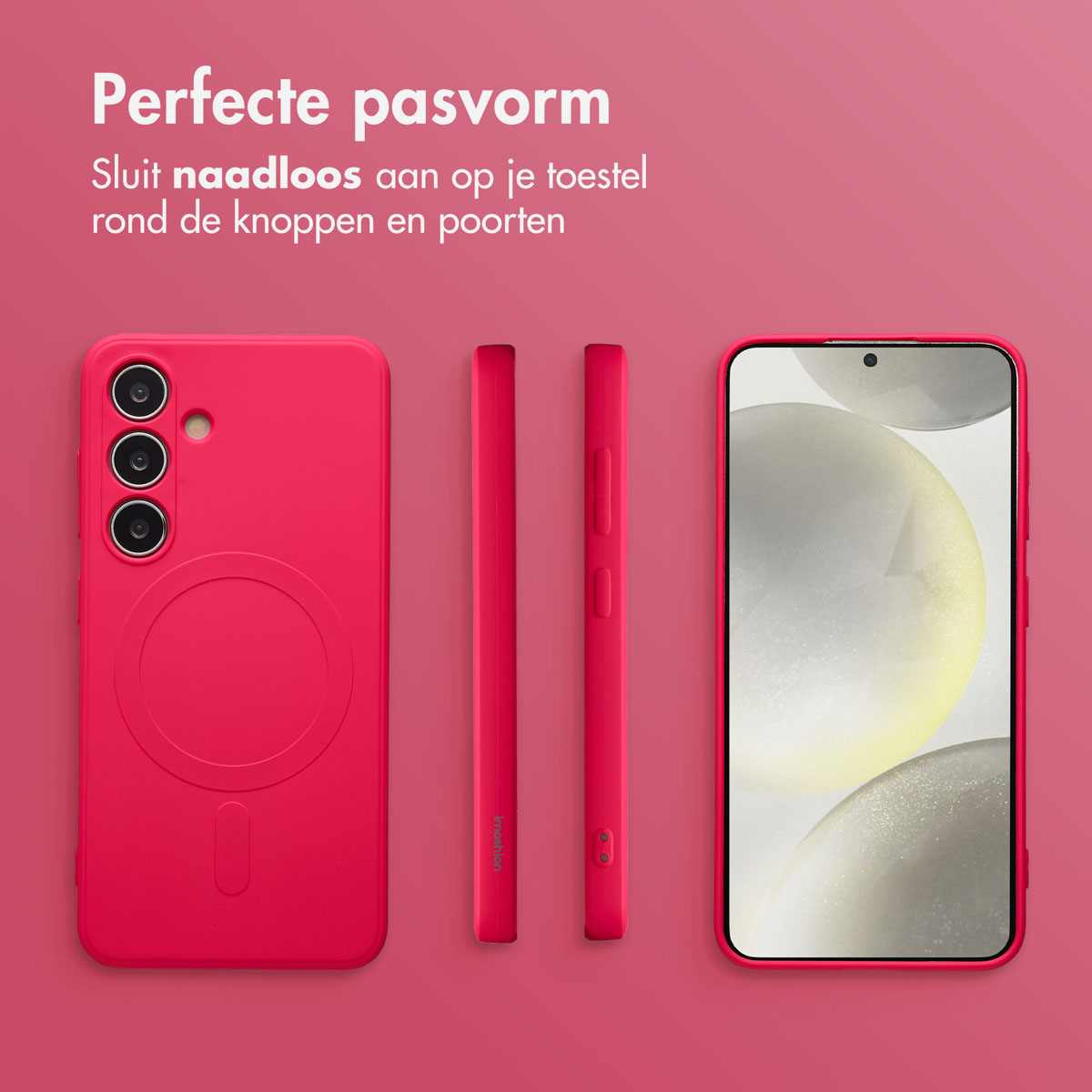 Een roze telefoonhoesje en een telefoon worden getoond. De hoes wordt in drie weergaven getoond, samen met de telefoon. Bovenin staat 'Perfecte pasvorm'.