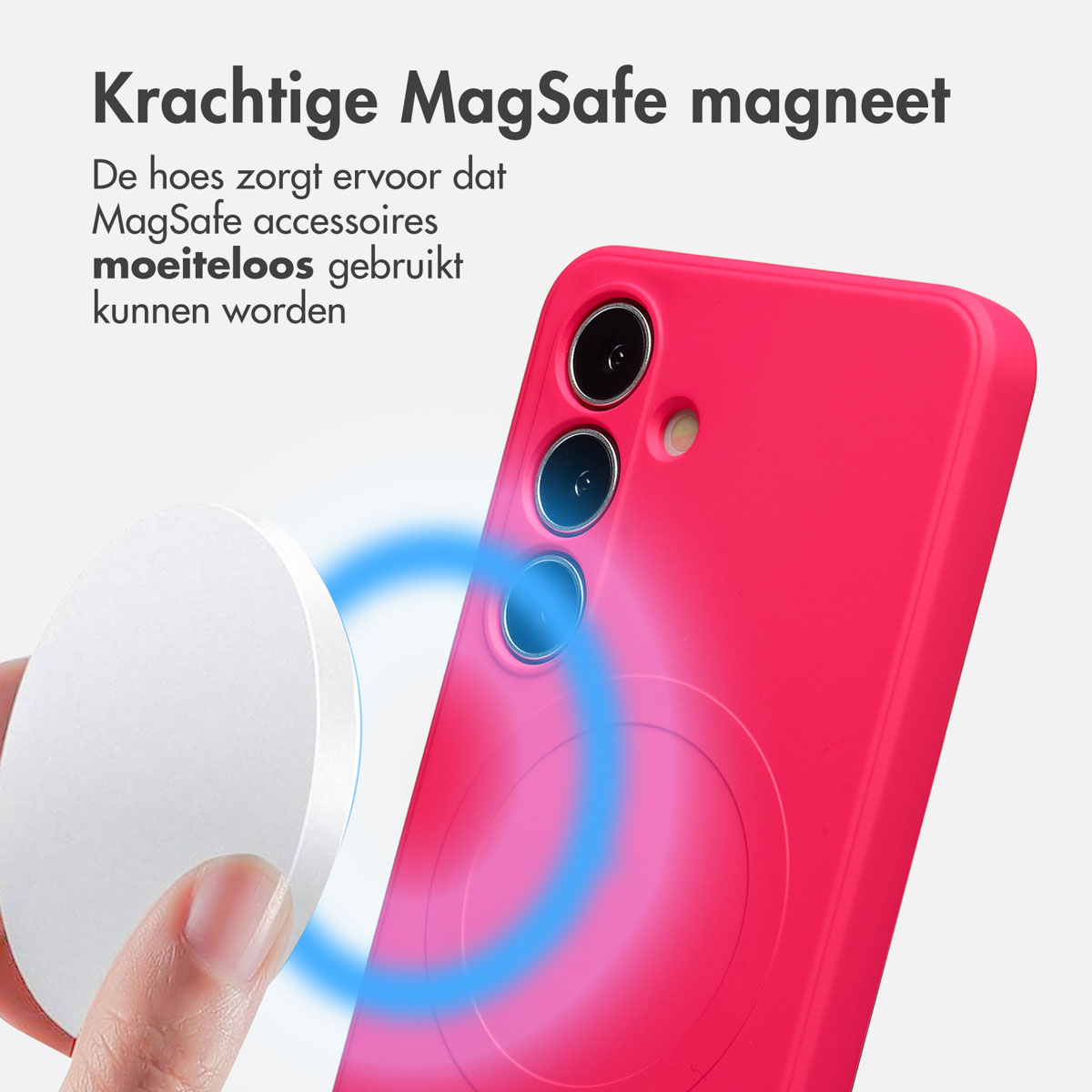 Een roze telefoonhoesje met een witte magnetische oplader. Een blauwe ring geeft de magnetische verbinding aan. Tekst in het Nederlands.