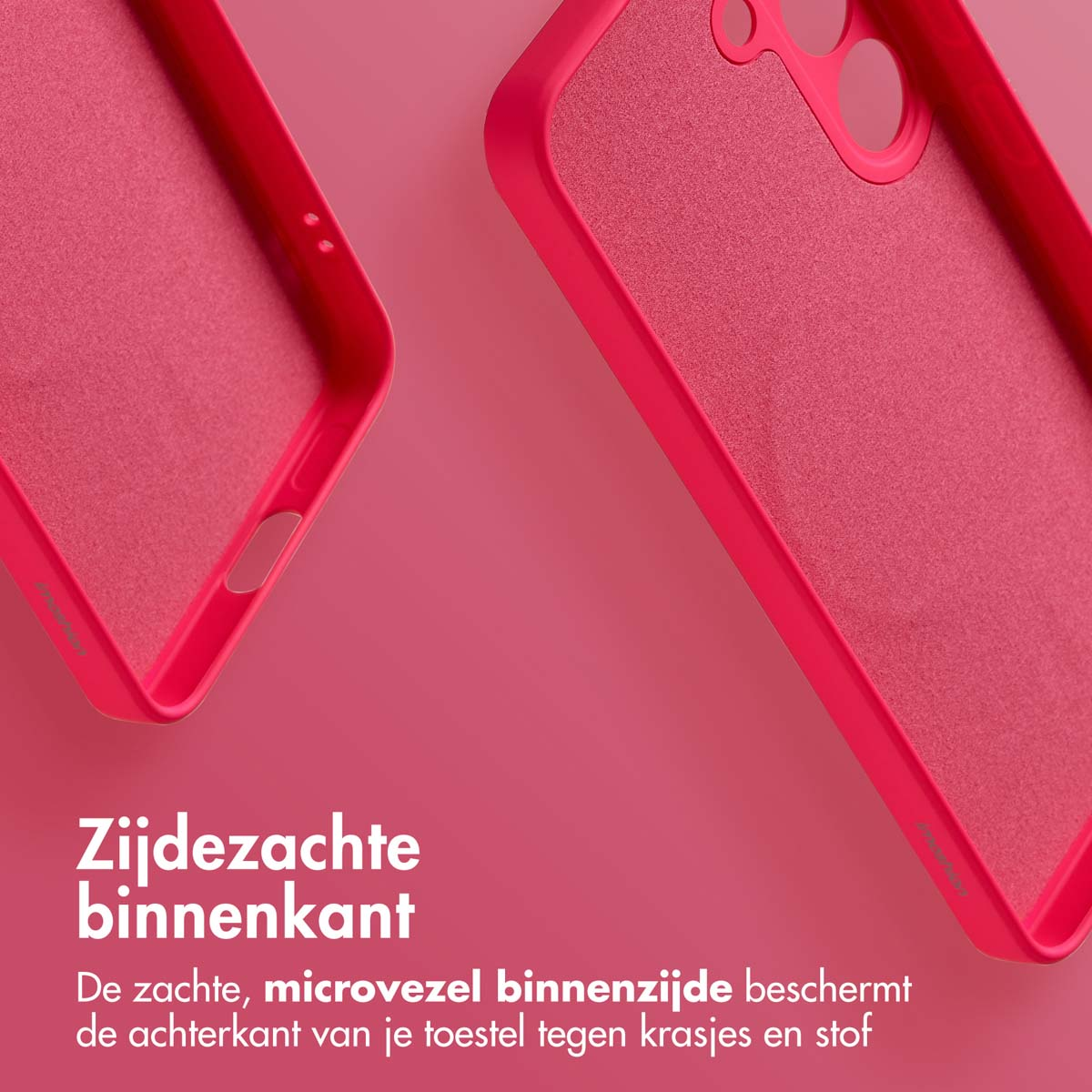 Twee roze telefoonhoesjes op een roze achtergrond. De tekst zegt 'Zijdezachte binnenkant'.